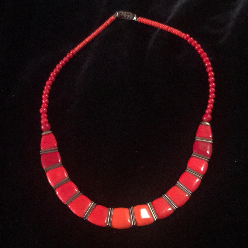 Antique red glass and silver necklace